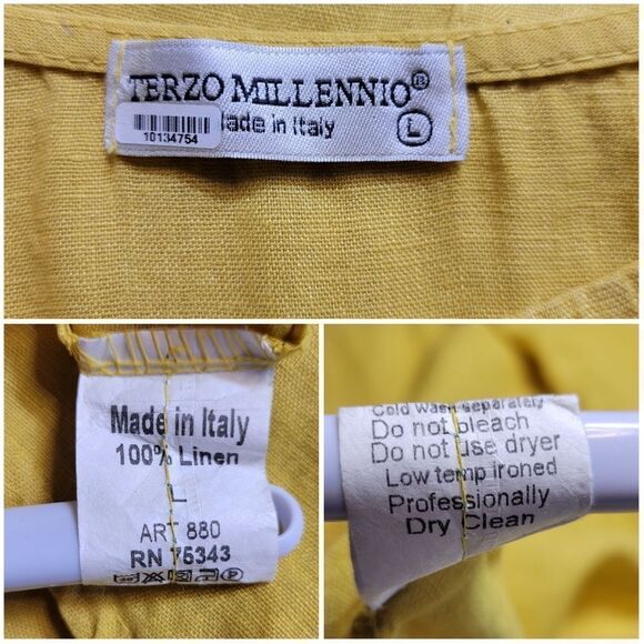 Terzo Millennio Italian Linen High Low Yellow Button-Back Blouse Lagenlook - Picture 10 of 11